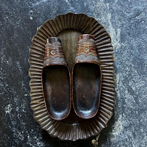 Pair Antique Carved Treen Sabot Shoes Apprentice Sample C19th Historical Costume Interior Design Collector Treen Clogs