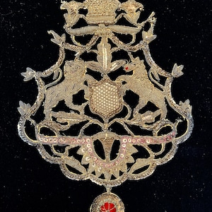 Indian Heraldic Zardozi Embroidery Interior Decor 19th Century Collectible Antique Giltwork Embroidery Lion & Unicorn Armorial