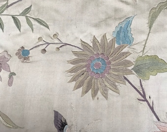 Embroidered Silk Fragment Flowers and Butterflies 19th Century Antique Collectible Textile Vintage Home Decor Interiors