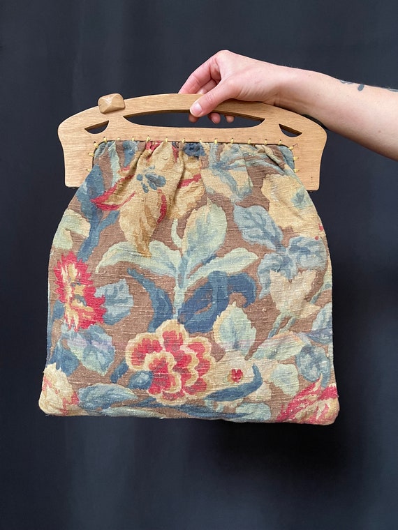 Antique Chintz Bag Wooden Handle Handmade Antique Fabric Bag 19th 