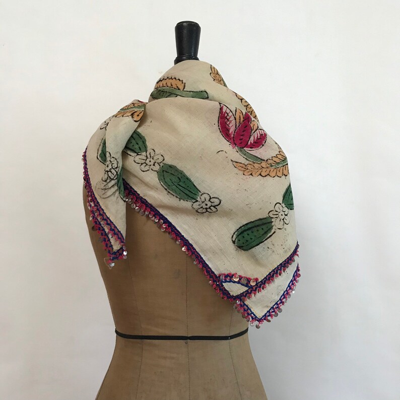 Antique Ottoman Cream Cotton Hand Blocked Scarf Sequin Etsy