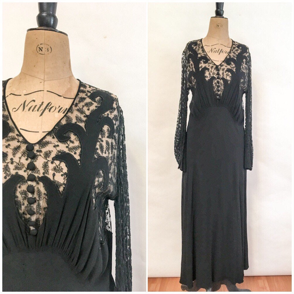 Image of Black Evening Gown - Vintage Cocktail Dress Crepe & Lace Antique S Party Special Occasion