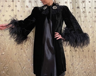 Black Silk Velvet Coat Feather Trim Historical Costume 1930 Vintage Coat Special Occasion Evening Coat Film and Television