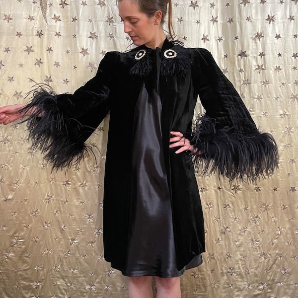 Black Silk Velvet Coat Feather Trim Historical Costume 1930 Vintage Coat Special Occasion Evening Coat Film and Television