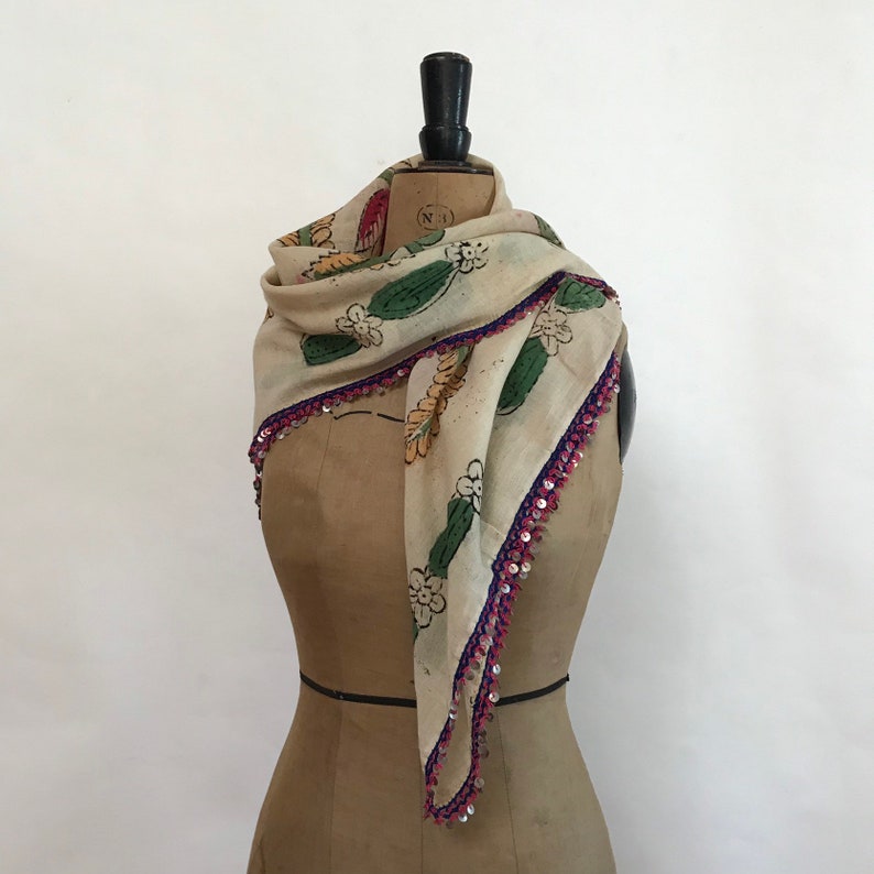 Antique Ottoman Cream Cotton Hand Blocked Scarf Sequin Etsy