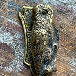 May include: A brass door knocker shaped like a parrot with detailed feathers and a textured background.