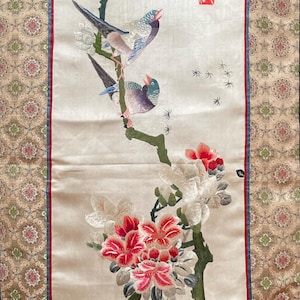 手織りシルク中国刺繍 - 孔雀と牡丹の花 (200 cm x 91 cm) #3 - Etsy 日本