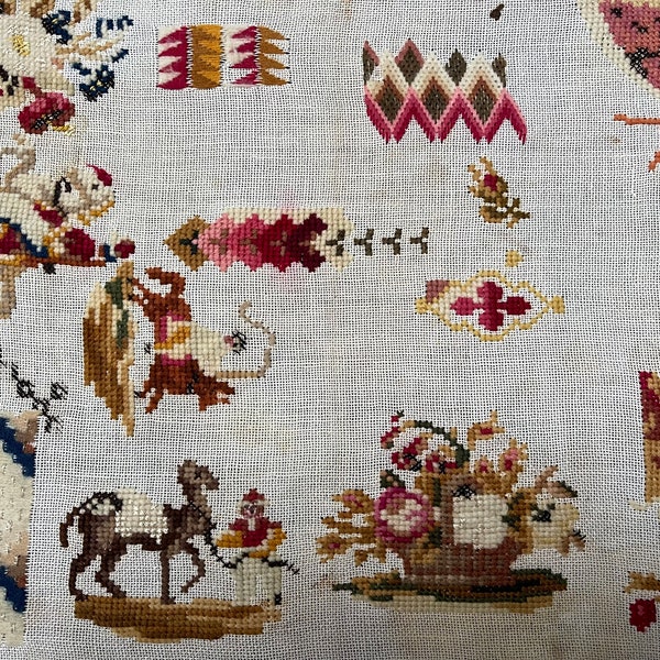 Antique Sampler Wool Work Embroidery or Cross Stitch English 19th Century Interior Design Vintage Home Decor Study Piece