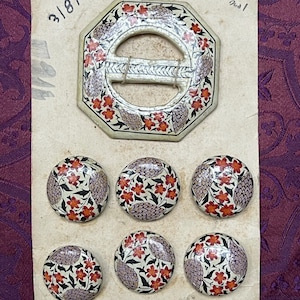 Kashmiri Buttons and Buckle Set 1920’s Papier Mache Hand Painted Sewing Notions Sewing Supplies Antique Buttons Accessories Display