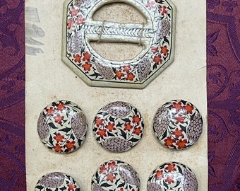 Kashmiri Buttons and Buckle Set 1920’s Papier Mache Hand Painted Sewing Notions Sewing Supplies Antique Buttons Accessories Display