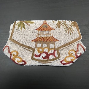 Bolso de noche antiguo, bolso vintage de 1920, bolso francés con cuentas, bolso de boda, bolso de mano, bolso coleccionable bordado estilo chinoiserie