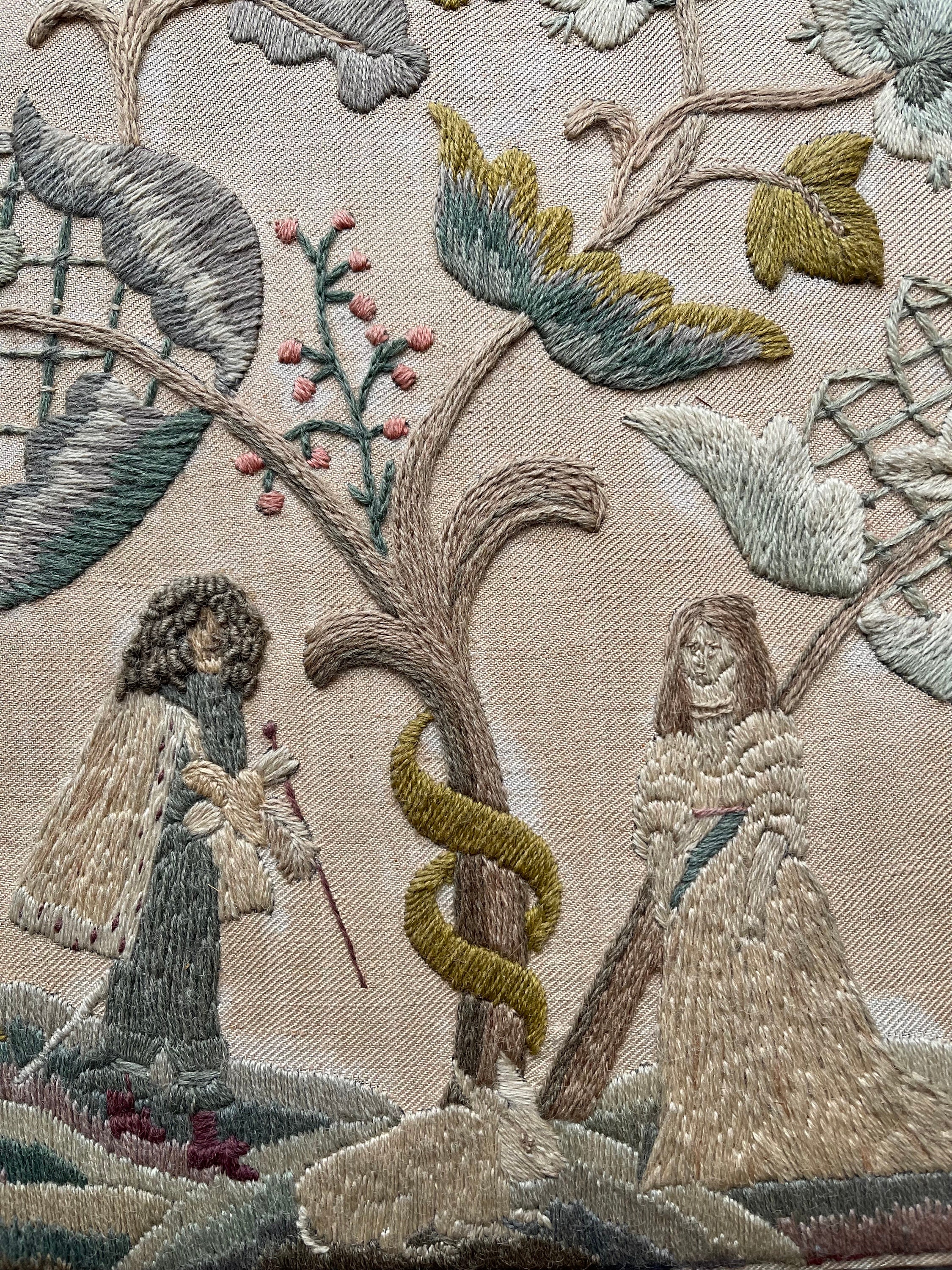 英国 アンティーク 刺繍額 アダムとイブ アーツ・アンド・クラフツ刺繍 アダム＆イブ ジャコビアン・リバイバル
