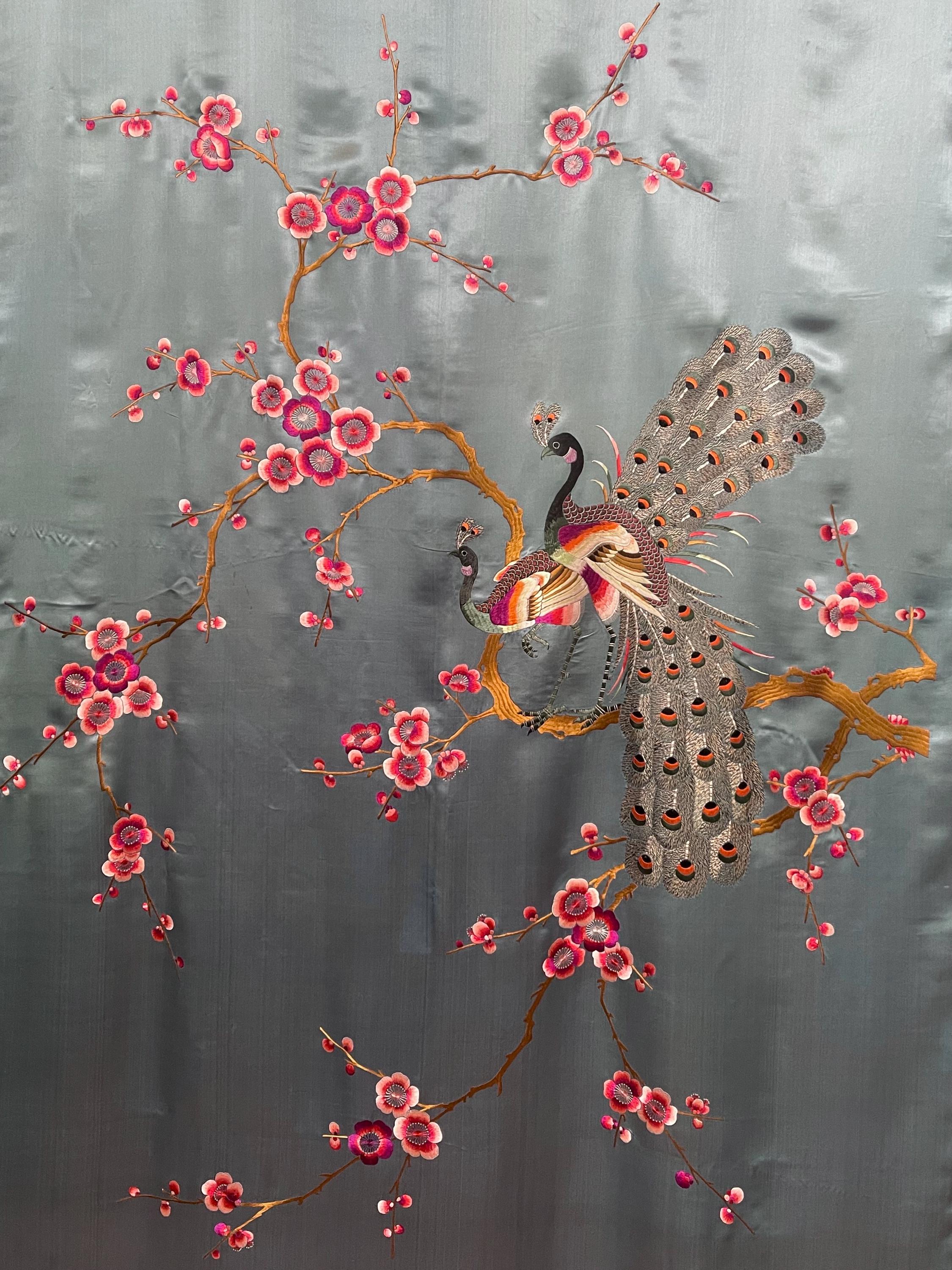 Antique Chinese Silk Embroidered Wall Hanging Silk Embroidered Panel with Birds Wall Art Collectable Vintage Home Decor Interiors