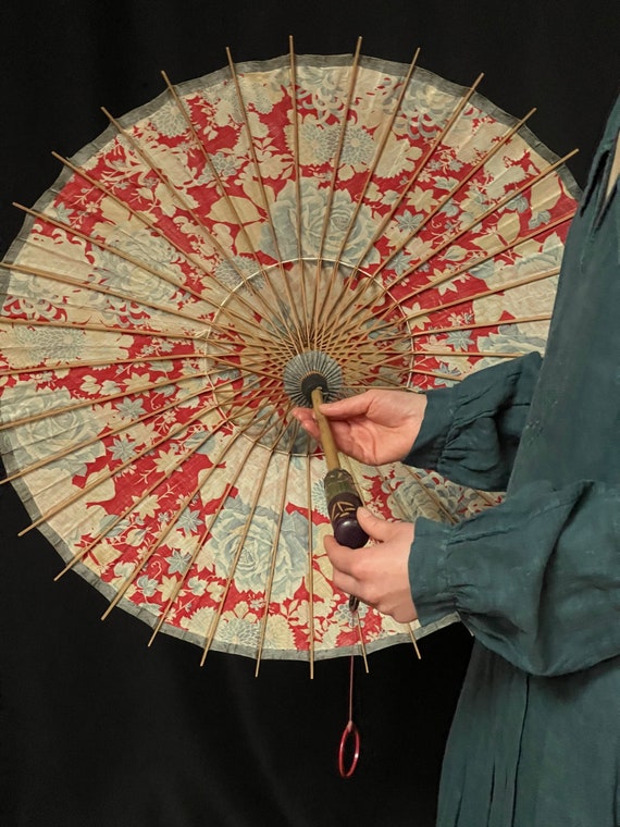 1920’s Parasol Japanese Sunshade Oriental Printed Cot… Gem