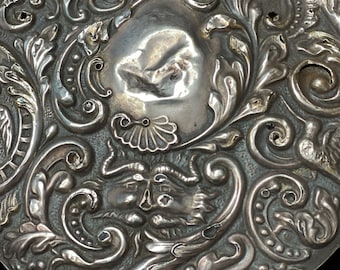 Antique Silver Repousse Hand Mirror Cupid & Green Man Design Handmade Collectible Bevelled Mirror Antique Silver
