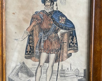 May include: A vintage print of a man in a blue and gold costume, with a feathered hat, standing in front of a bridge and buildings. The print is framed in a wooden frame.