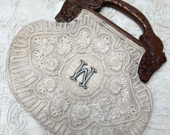 American Tape Lace Bag Handmade Monogram Purse Circa 1910 Folk Art Bag Edwardian Collectable Accessories Display Decor