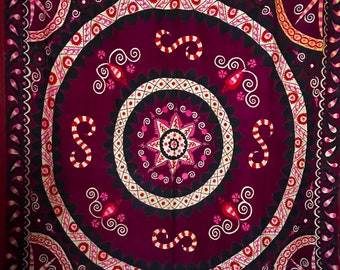 Antique Suzani  Silk Embroidered Wall Hanging Collectable Historical Textile Hand Embroidered Vintage Tribal Wall Art