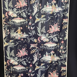 May include: A black fabric with a repeating pattern of pink flowers, green leaves, and white umbrellas.  The pattern also includes small figures in white and yellow.