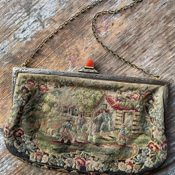 Petit Point Evening Bag Purse Pastoral Scenes Edwardian Collectable Antique Purse Display