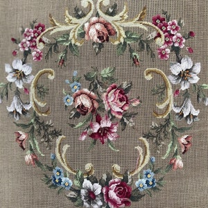 Pair Antique Embroidered Needlepoint Chair Backs Floral Wool Work Embroidery Collectors Item Collectable Textile Interior Design Display