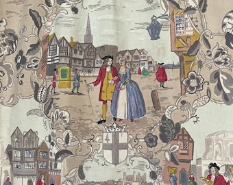 May include: A beige fabric with a repeating pattern of a city scene with buildings, people, and boats. The pattern also includes floral designs and a coat of arms.