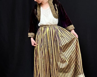 Bolero in velluto di seta color melanzana e gonna a righe in seta - Asiatico del XIX secolo - Abbigliamento antico originale in seta - Costume storico