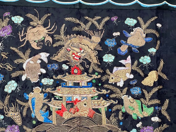 アンティークシルク刺繍中国金糸刺繍魚装飾収集品テキスタイル書斎 