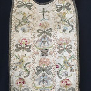 Rare Antique 1700s Century Silk Embroidered Vestment Front Birds Bows Floral Wallhanging Silk Embroidery Museum Worthy