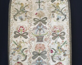 Antique 18th Century Collectable Silk Embroidered Vestment Front with Parrots and Bows Home Decor Interiors Display Wall Art Wall Hanging