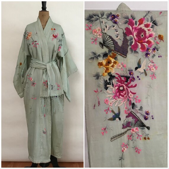 Silk Kimono - Green Pink Floral Kimono - Japanese