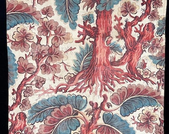 May include: A vintage fabric swatch with a repeating pattern of stylized trees and leaves in shades of red, blue, and brown on a white background.
