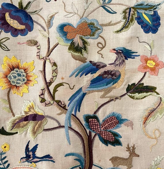 Broderie Fine Ancienne Cadrée - Scene Renaissance Homme & Femme Perles & Laine - 19x24,25" - Occasion