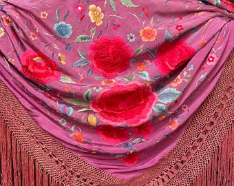 Silk Embroidered Antique Piano Shawl Canton Shawl Fringe Wedding Mother of the Bride Special Occasion Pink Vintage Flowers Embroidery Throw