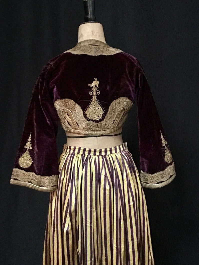 May include: A purple velvet jacket with gold embroidery and a matching striped skirt. The jacket has a high neckline and long sleeves with bell bottoms. The skirt is a full skirt with a high waist.