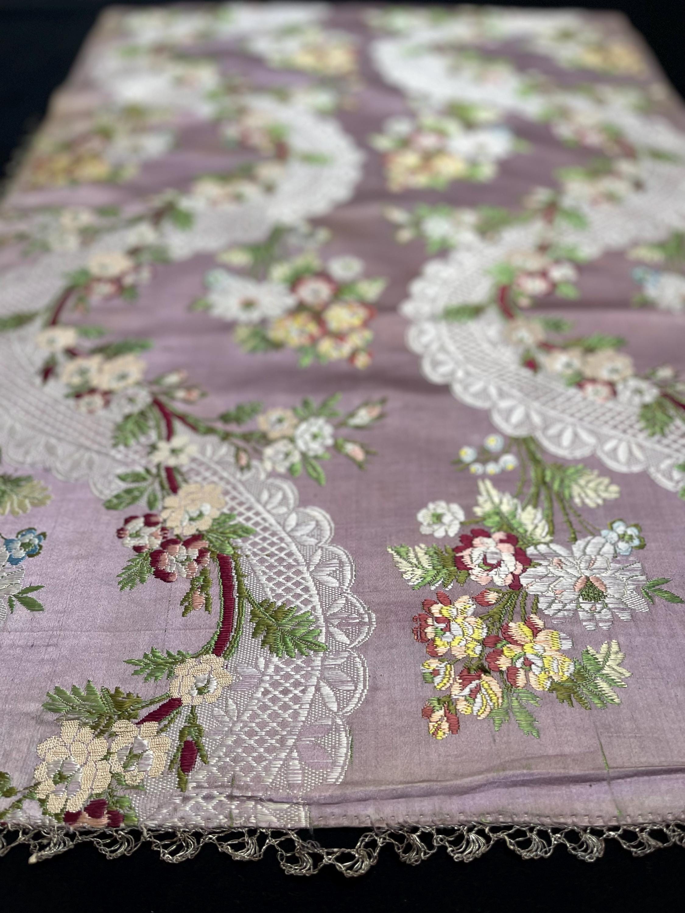 Antique Lyon Silk Brocade: 18th Century Floral Textile Panel