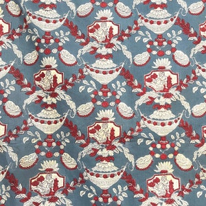 Antique French Hand Blocked Chintz Toile with Urns & Swags Indigo Madder C19th Historical Textile Collectable Home Decor Interiors