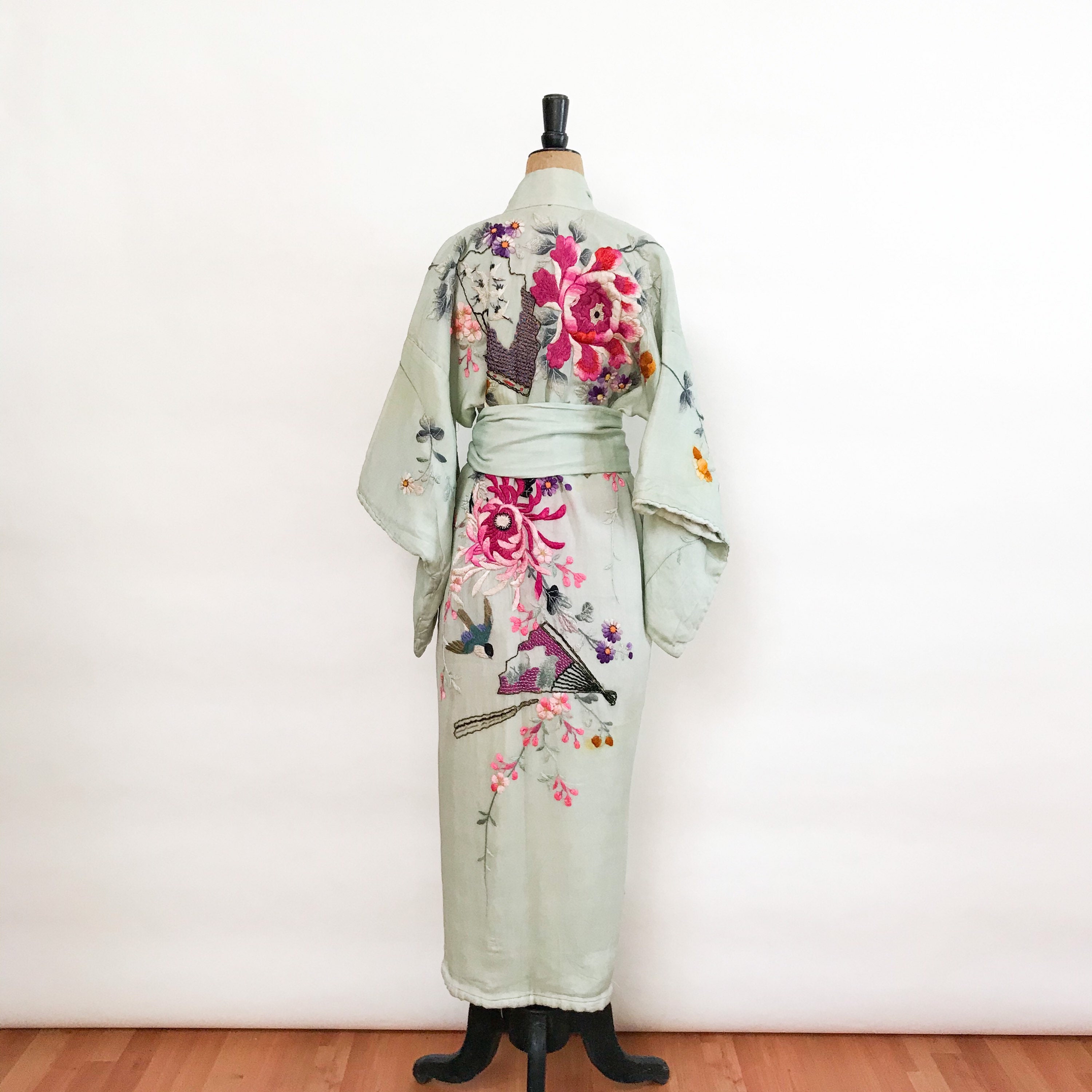 Silk Kimono Green Pink Floral Kimono Japanese Kimono Etsy