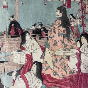 Antieke Japanse blokprint figurale klederdracht handgeschreven kalligrafie verzamelobject vintage interieurdecoratie kortstondige