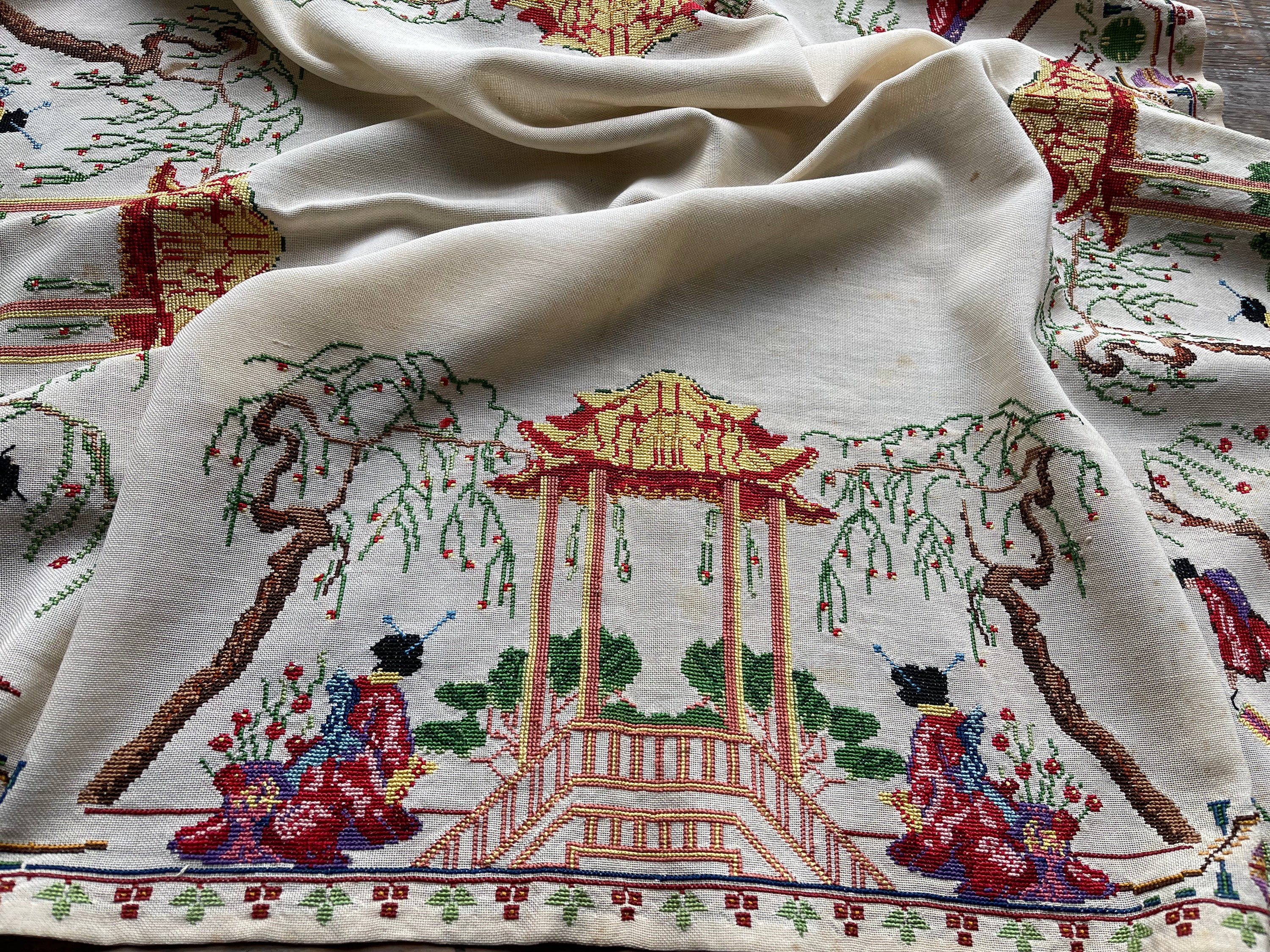 Japanese Inspired Cross Stitch Cloth 1930 English Embroidery