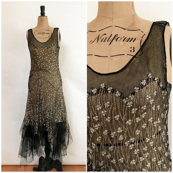 1930s Dress - Black Gold Evening Dress - Lamé Cock