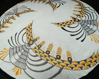 Art Deco Embroidered Tablecloth: Vintage Linen Table Cover, 64 Inch