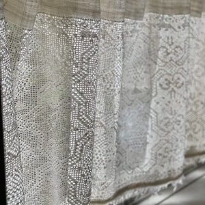 Antique Embroidered Lace Curtain Panel Runner Linen Collectible Vintage Textile Vintage Home Decor Interior Design Window Treatment