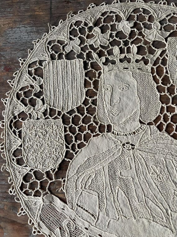 Antique Needle Lace Portrait Roundels Kings France Collectable Antique Lace Wallhanging Handmade Figurative Needle Lace Doillies x 3
