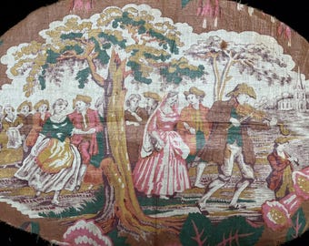 May include: A vintage fabric panel depicting a group of people in a woodland setting. The scene includes a couple dancing, a musician playing a violin, and a church in the distance. The fabric is printed with a colorful floral pattern.