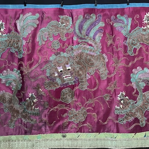Vintage Silk Embroidered Wall Hanging Hand Embroidered Wall Art 6 Foo Lion Dogs Wall Hanging China 19th Century Collectible Textile