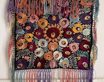 Silk Embroidered Folk Art Cover Matyo People Hungary 1920 Collectible Textile Vintage Home Decor Interior Design Embroidery Study