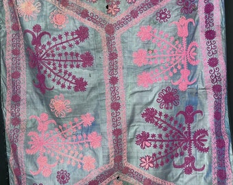 Antique Silk Suzani: Embroidered Floral Wall Hanging, Uzbekistan Textile