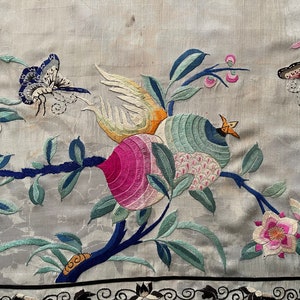 Antique Silk Embroidery Chinese Embroidered Panel Silk Hanging with Butterflies Chinese Embroidery Collectable Antique Textiles