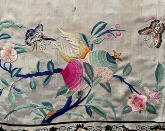 Antique Silk Embroidery Chinese Embroidered Panel Silk Hanging with Butterflies Chinese Embroidery Collectable Antique Textiles